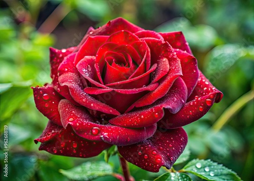 Blooming Solitary Scarlet Rose With Velvety Petals And Delicate Dewdrop Accents photo