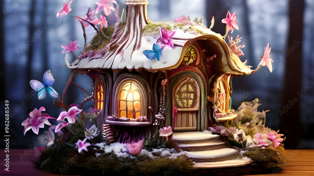Fototapeta premium A fairy House made with magical material that glows in moonlight, the house changes with each season