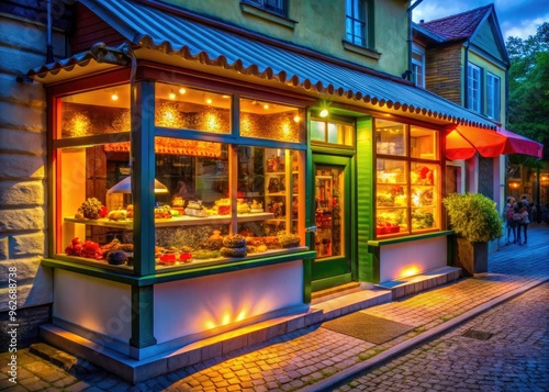 Brightly lit, colorful facade of a quick-service restaurant at dusk, offering a variety of savory meals and sweet treats to passersby on the go.