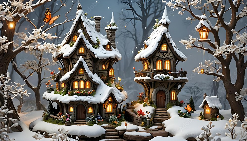 Obraz premium A fairy House made with magical material that glows in moonlight, the house changes with each season