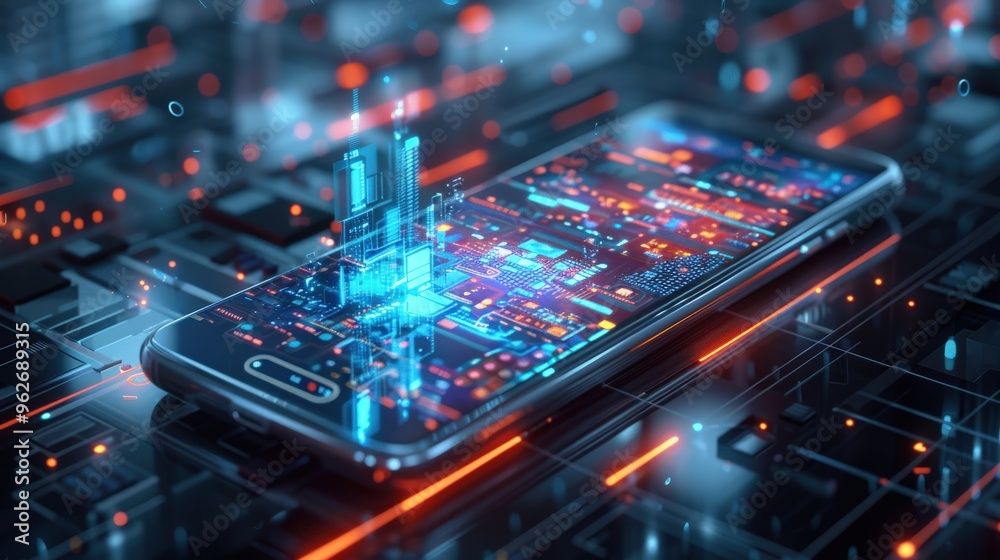 A dynamic image of a sleek, futuristic smart device with advanced features and a holographic display, set against a clean, modern background with ample copy space for tech innovation highlights. A dynamic image of a sleek, futuristic smart device with advanced features and a holographic display, set against a clean, modern background with ample copy space for tech innovation highlights.