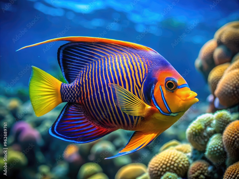 Captivating Underwater Image Of A Vibrant Angel Fish With Elegant Fins And Intricate Patterns Gliding Gracefully Through Clear Water. Captivating Underwater Image Of A Vibrant Angel Fish With Elegant Fins And Intricate Patterns Gliding Gracefully Through Clear Water.