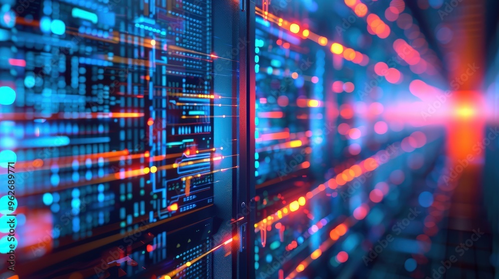 A dynamic image of a high-tech data center with rows of advanced servers and digital interfaces, featuring a clean background for cloud computing and data technology. A dynamic image of a high-tech data center with rows of advanced servers and digital interfaces, featuring a clean background for cloud computing and data technology.