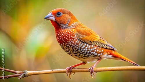 Vibrant orange-brown spice finch perches on a delicate twig, showcasing its distinctive facial markings and subtle brown stripes against a soft, blurred natural background. photo