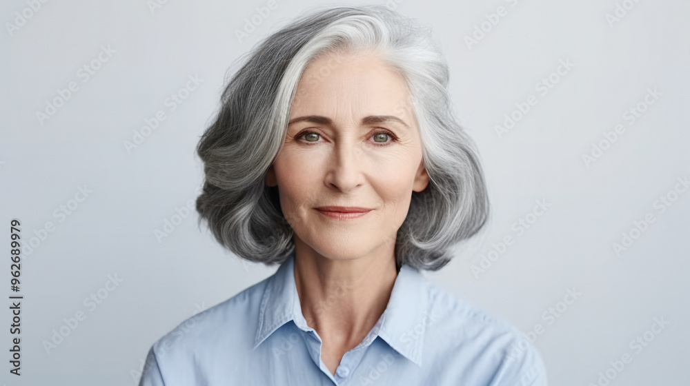 a woman with shoulder-length gray hair, wearing a blue shirt and looking at the camera against a white background. a woman with shoulder-length gray hair, wearing a blue shirt and looking at the camera against a white background.