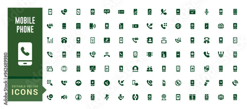 Mobile phone and Smartphone icons set. Collection and pack of ui icons. Solid icon set. Glyph icon set for web and ui. Filled icon set, editable stroke. Vector illustration.