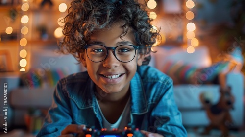 A heartwarming shot of a tech enthusiast interacting with a new generation of gaming console or interactive tech gadget, with a clean background for gaming technology promotion.