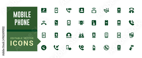 Mobile phone and Smartphone icons set. Collection and pack of ui icons. Solid icon set. Glyph icon set for web and ui. Filled icon set, editable stroke. Vector illustration.