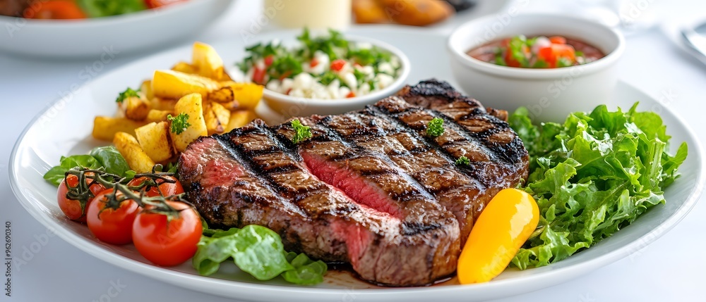 Juicy grilled steak served with vibrant greens and organic side dishes., Juicy grilled steak served with vibrant greens and organic side dishes.,