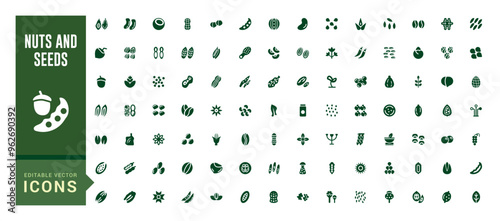 Nuts and seeds icon set. Solid icons pack. Solid icon set. Glyph icon set for web and ui. Filled icon set, editable stroke. Vector illustration.