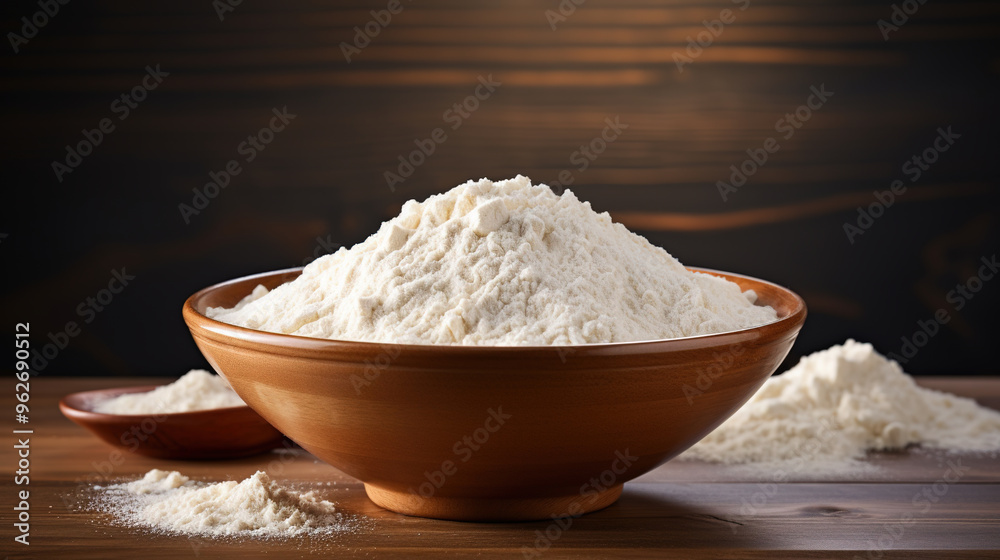 A Wooden Bowl of Flour On The Table A Wooden Bowl of Flour On The Table