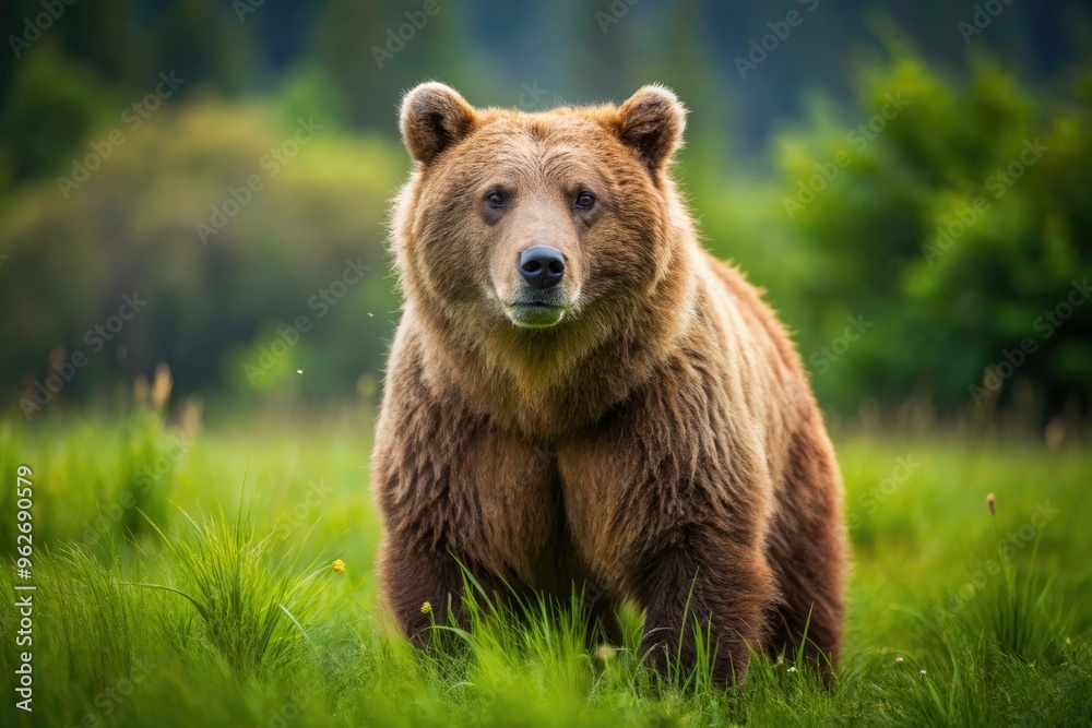 Close-Up Capture Of A Brown Bear Standing On All Fours In A Lush Green Meadow Close-Up Capture Of A Brown Bear Standing On All Fours In A Lush Green Meadow