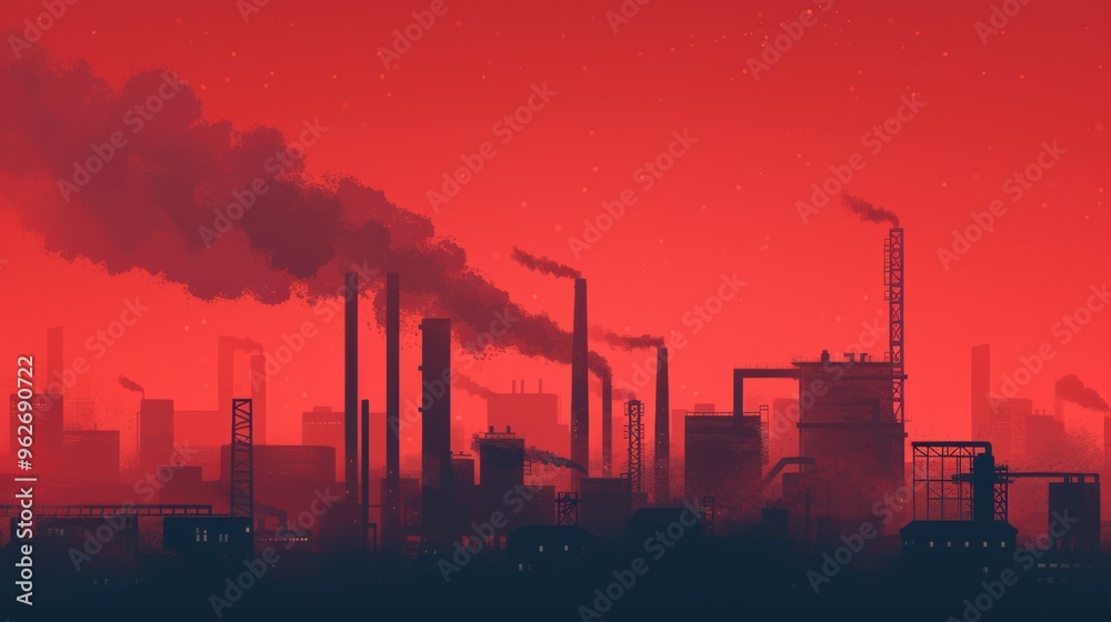 Fototapeta premium Digital illustration of an industrial landscape with numerous smoke stacks releasing pollution into a red, ominous sky. The scene highlights environmental concerns related to industrial emissions.