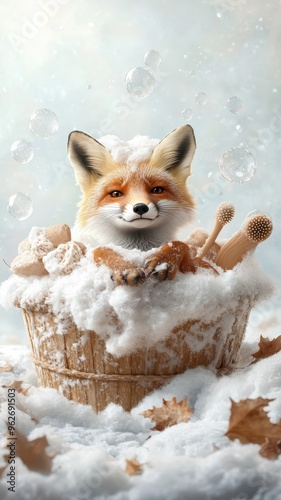 A fox enjoying a whimsical bath in a snow-covered clearing, with floating bubbles and luxury bath items, creating a charming scene.