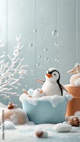 Penguin enjoying a whimsical bath with bubbles and playful shower elements in a frosty scene.