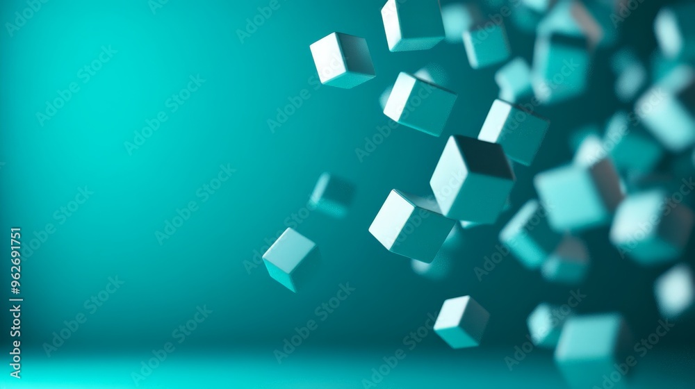Abstract 3D rendering of multiple floating cubes in a teal background, creating a modern geometric and dynamic visual effect.