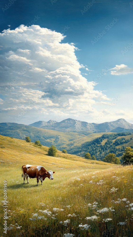 Obraz premium A cow grazing peacefully in a green meadow with a clear blue sky and gentle sunlight illuminating the tranquil landscape.