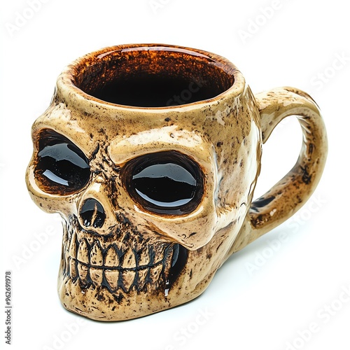 A skull-shaped coffee mug, Halloween theme, dark and eerie, isolated on white background photo