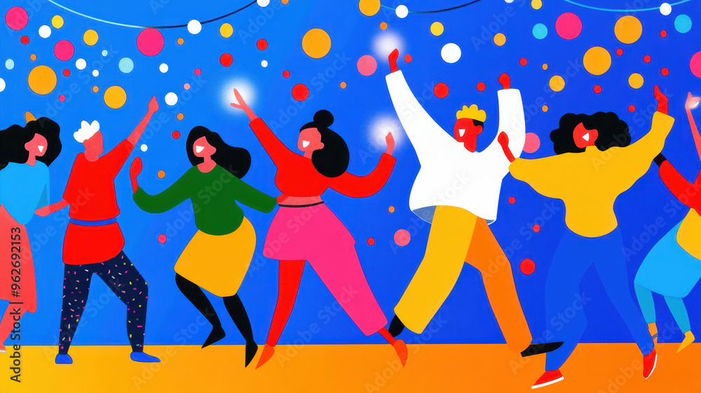 Colorful celebration with a diverse group of friends dancing joyfully against a bright blue background filled with confetti Colorful celebration with a diverse group of friends dancing joyfully against a bright blue background filled with confetti