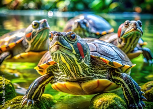 Close-Up Of Beautiful Red-Eared Slider Turtles Swimming In Clear Water, Showcasing Their Vibrant Green Shells And Curious Expressions. photo