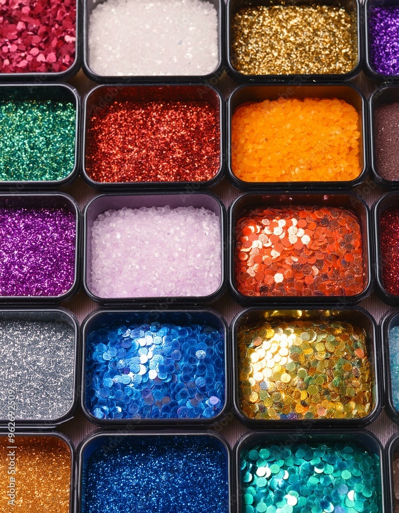 set of colorful paint, fruit, powder, makeup, pepper, seasoning, collection