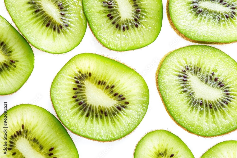 Fototapeta premium close up Kiwi fruit slice isolated on white background. Top view. Flat lay , ai