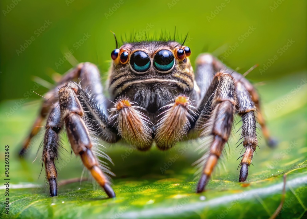 Close-Up Of Magnolia Jumping Spider Perched On A Green Leaf With Blurred Background Close-Up Of Magnolia Jumping Spider Perched On A Green Leaf With Blurred Background