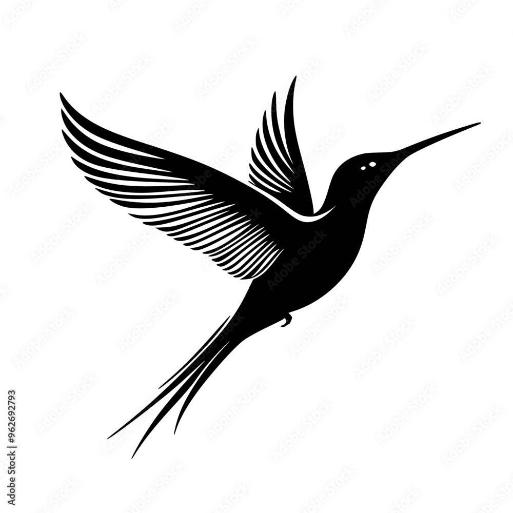 Obraz premium Hummingbird silhouette in mid-flight, Graceful black-and-white silhouette of a hummingbird in mid-flight, perfect for nature logos, wildlife designs, and branding. 