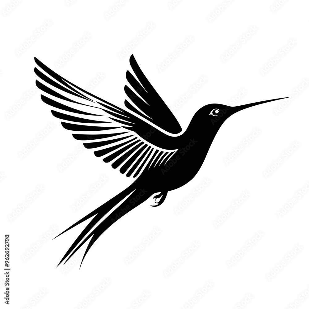 Obraz premium Hummingbird silhouette in mid-flight, Graceful black-and-white silhouette of a hummingbird in mid-flight, perfect for nature logos, wildlife designs, and branding. 