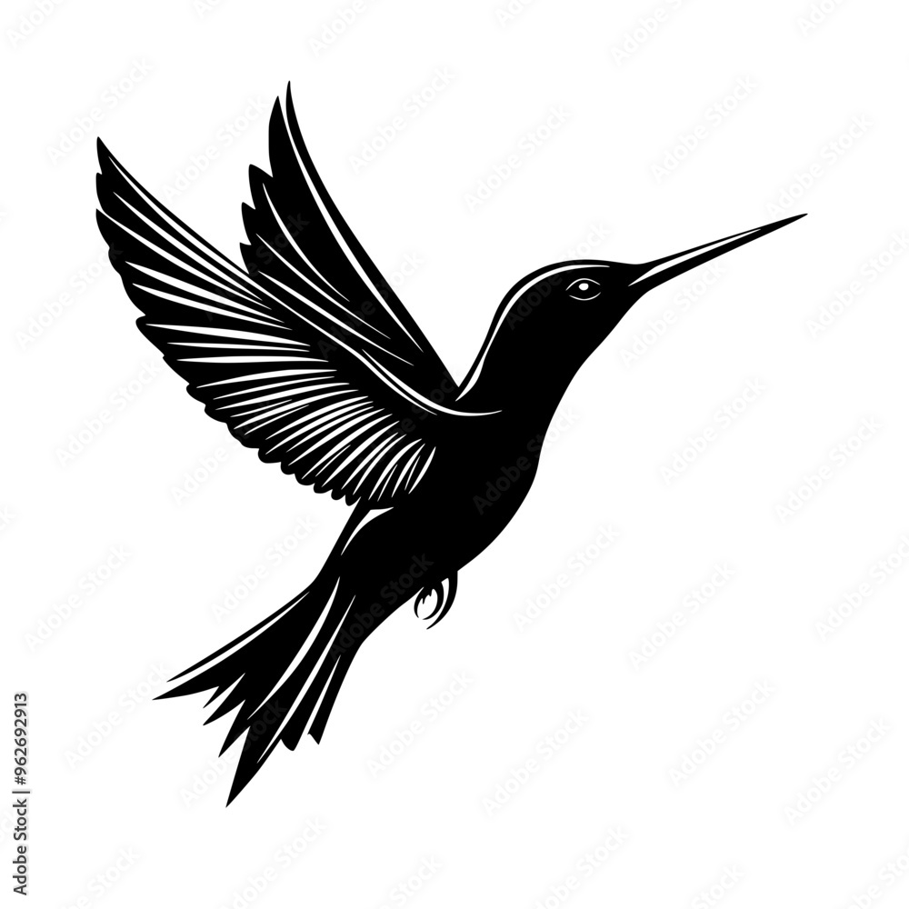 Obraz premium Hummingbird silhouette in mid-flight, Graceful black-and-white silhouette of a hummingbird in mid-flight, perfect for nature logos, wildlife designs, and branding. 