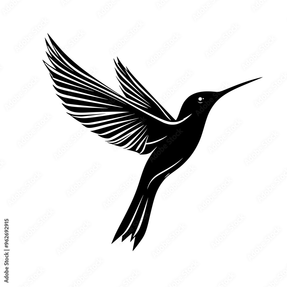 Obraz premium Hummingbird silhouette in mid-flight, Graceful black-and-white silhouette of a hummingbird in mid-flight, perfect for nature logos, wildlife designs, and branding. 