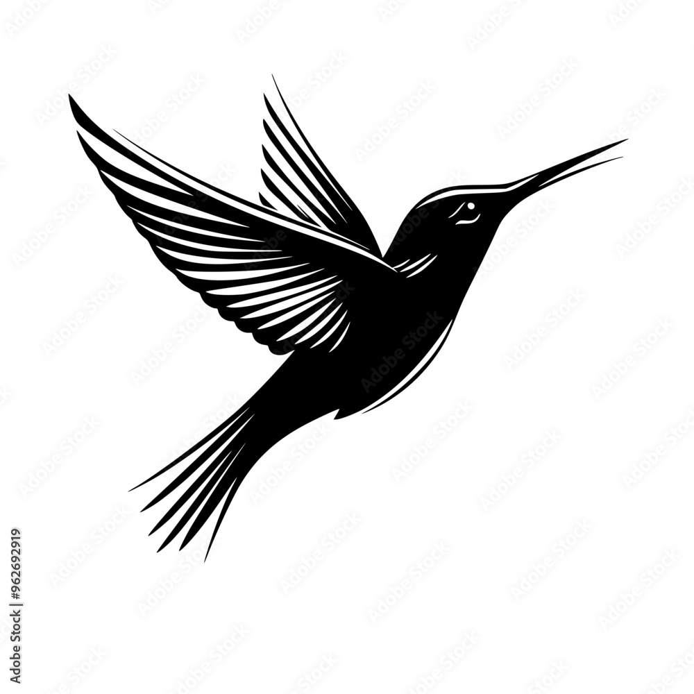 Obraz premium Hummingbird silhouette in mid-flight, Graceful black-and-white silhouette of a hummingbird in mid-flight, perfect for nature logos, wildlife designs, and branding.