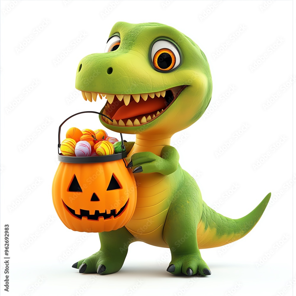 Fototapeta premium A dino holding a candy bucket, Halloween theme, playful and cute, isolated on white background