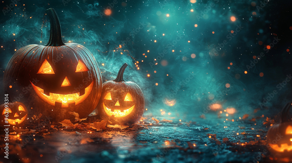 Fototapeta premium Lit jack-o'-lanterns glow ominously in the dark.