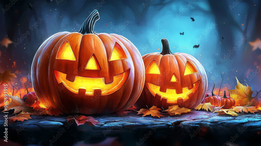 Fototapeta premium Two jack-o'-lanterns light up the night with glowing smiles.