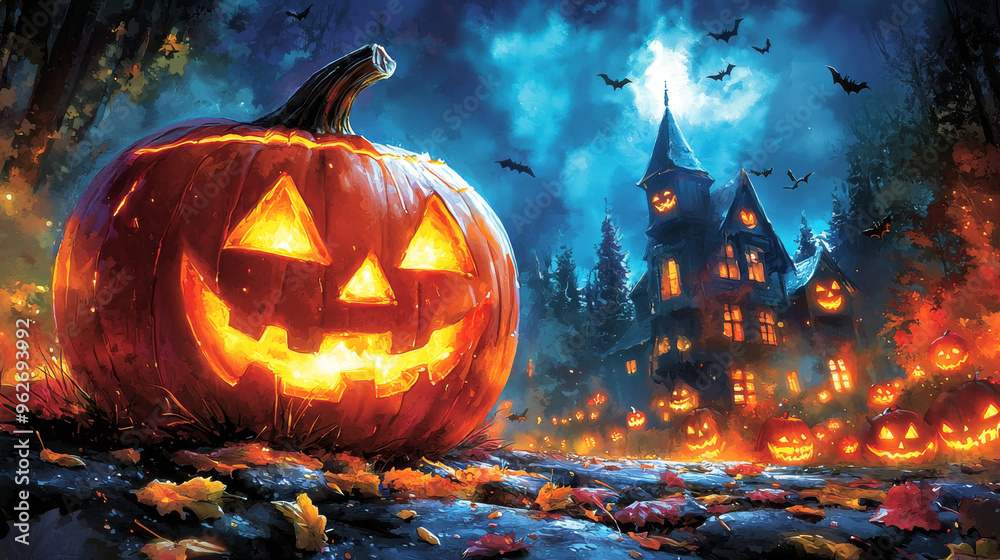 Naklejka premium A glowing jack-o-lantern sits in front of a spooky house.