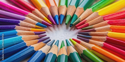 Closeup of multicolored pencil tips arranged in a circular pattern, colorful, pencils, tips, circular, arrangement photo