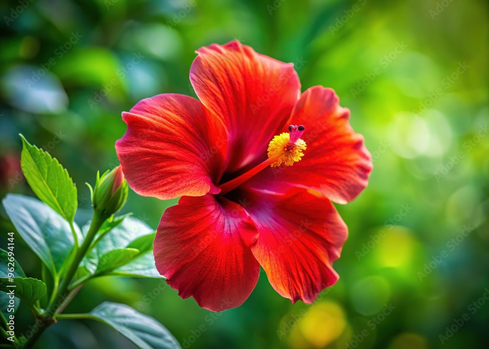 Vibrant red hibiscus flower blooms majestically against a blurred green backdrop, showcasing delicate petals and a prominent yellow center, evoking tropical warmth and serenity.