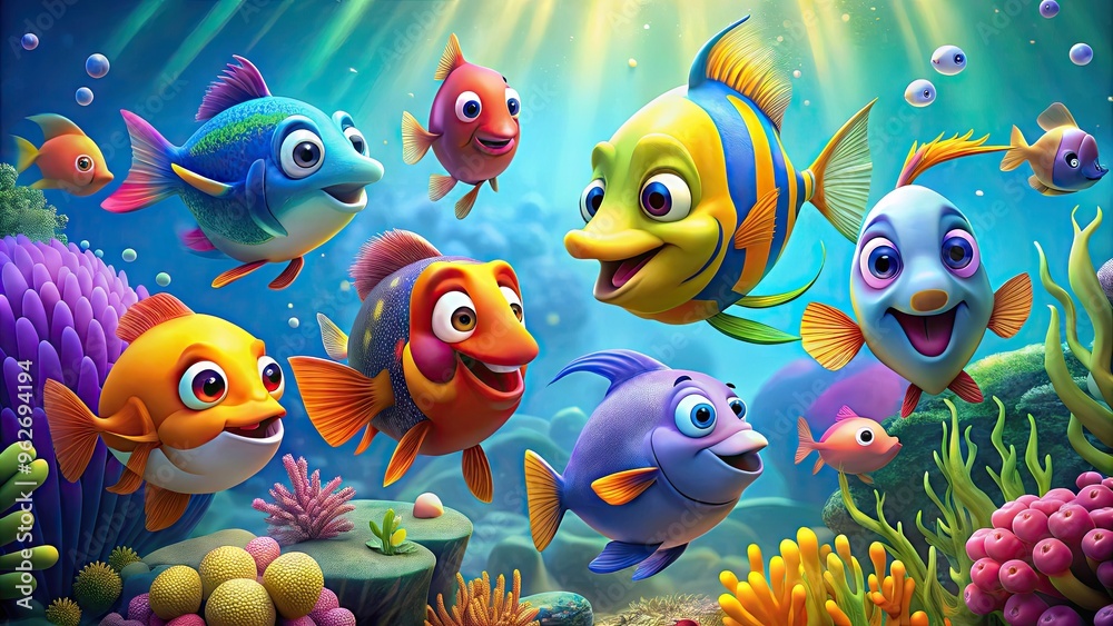 Colorful And Lively Underwater Scene With Animated Fish Characters Swimming And Interacting In A Playful And Humorous Manner