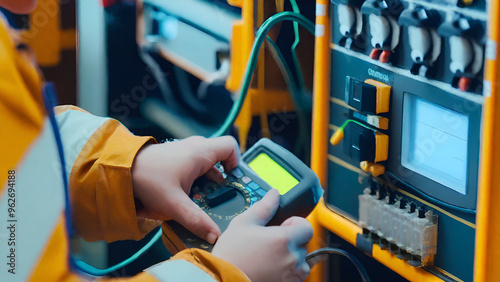 In the energy sector, a technician employs a multimeter to gauge the electrical flow within a power facility's control board