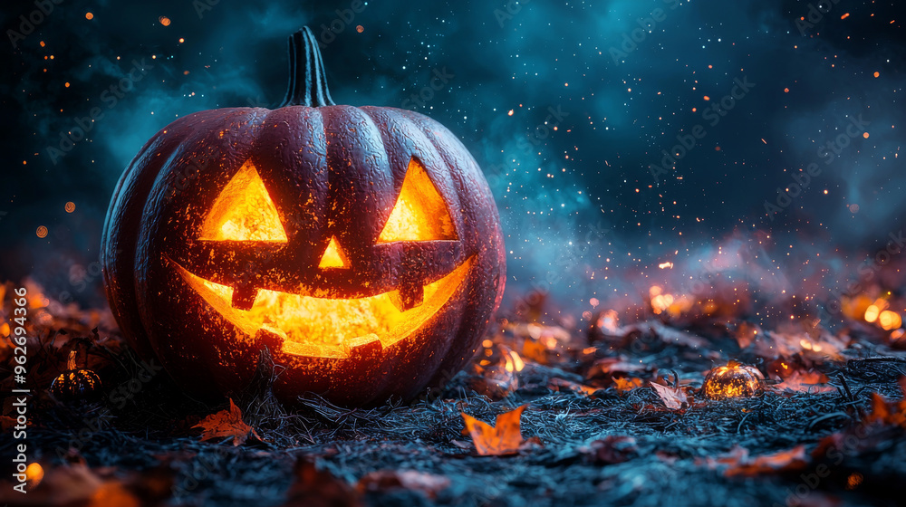 Fototapeta premium A jack-o'-lantern glows in the darkness.