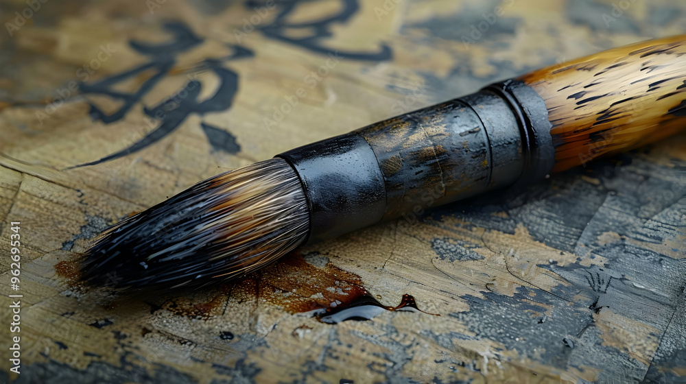 Closeup of a Wooden Brush on Aged Paper with Ink Stains - Illustration Closeup of a Wooden Brush on Aged Paper with Ink Stains - Illustration