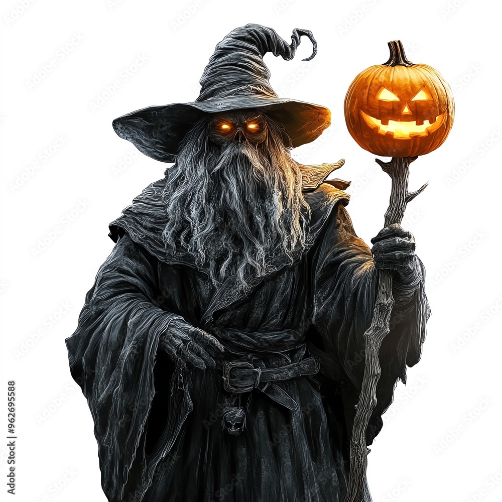 Fototapeta premium A dark wizard holding a glowing pumpkin staff, Halloween fantasy RPG theme, isolated on white background