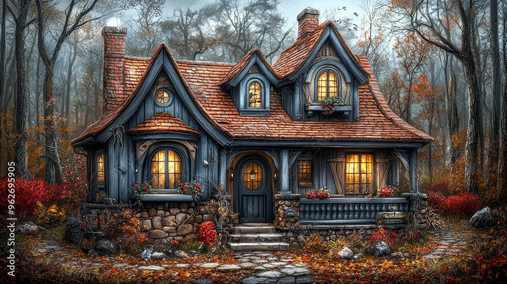Fototapeta premium A charming cottage with warm lights glows in the misty woods.