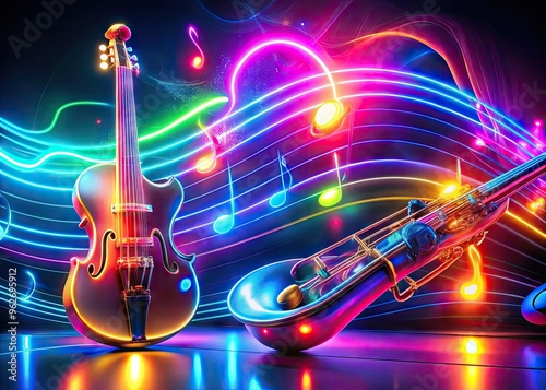 Cool Abstract Image Of Flowing Neon Colors With A Musical Instrument In The Background.