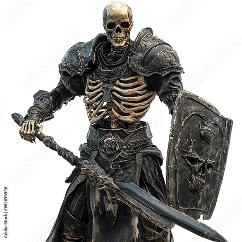 A skeleton warrior in Halloween-themed armor, fantasy RPG style, dark and mysterious, isolated on white background