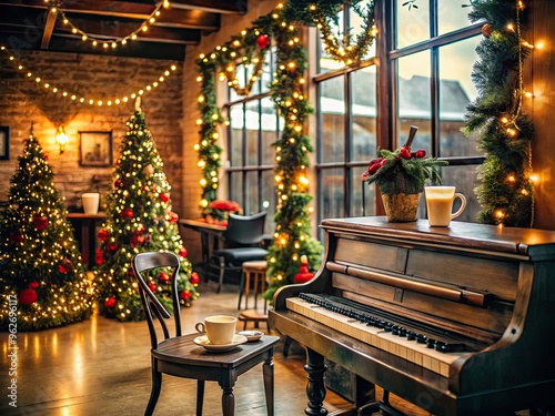 Cozy Coffee Shop Interior Decorated For Christmas With Warm Lights, Festive Garlands, And A Piano Playing Cheerful Holiday Tunes photo