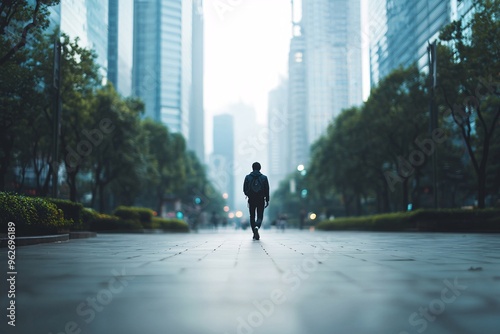 A solitary figure meanders through a bustling street, absorbed in contemplation amidst blurred urban scenery. photo