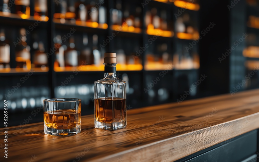 A stylish bar scene featuring a whiskey bottle and a glass filled with amber liquid on a rustic wooden counter. A stylish bar scene featuring a whiskey bottle and a glass filled with amber liquid on a rustic wooden counter.