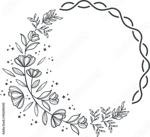 Frame of garden rose with stem and leaves. Hand drawn sketch. Vector illustration.